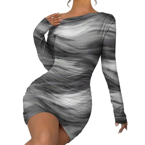 Image of Women's Long Sleeve Bodycon Mini Dress Tie Dye Print Slim Fit Asymmetrical Neck Elegant Formal Ruched Short Dresses