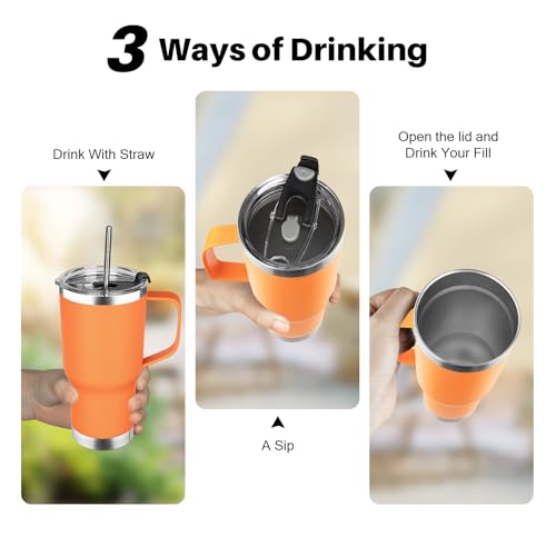 Image of 20 oz Tumbler with Handle, Stainless Steel Insulated Tumbler with Lid and Straw, Double Wall Vacuum Coffee Mug Tumbler, Insulated Coffee Thermal Cup for Cold and Hot (Orange, 20 Ounces)