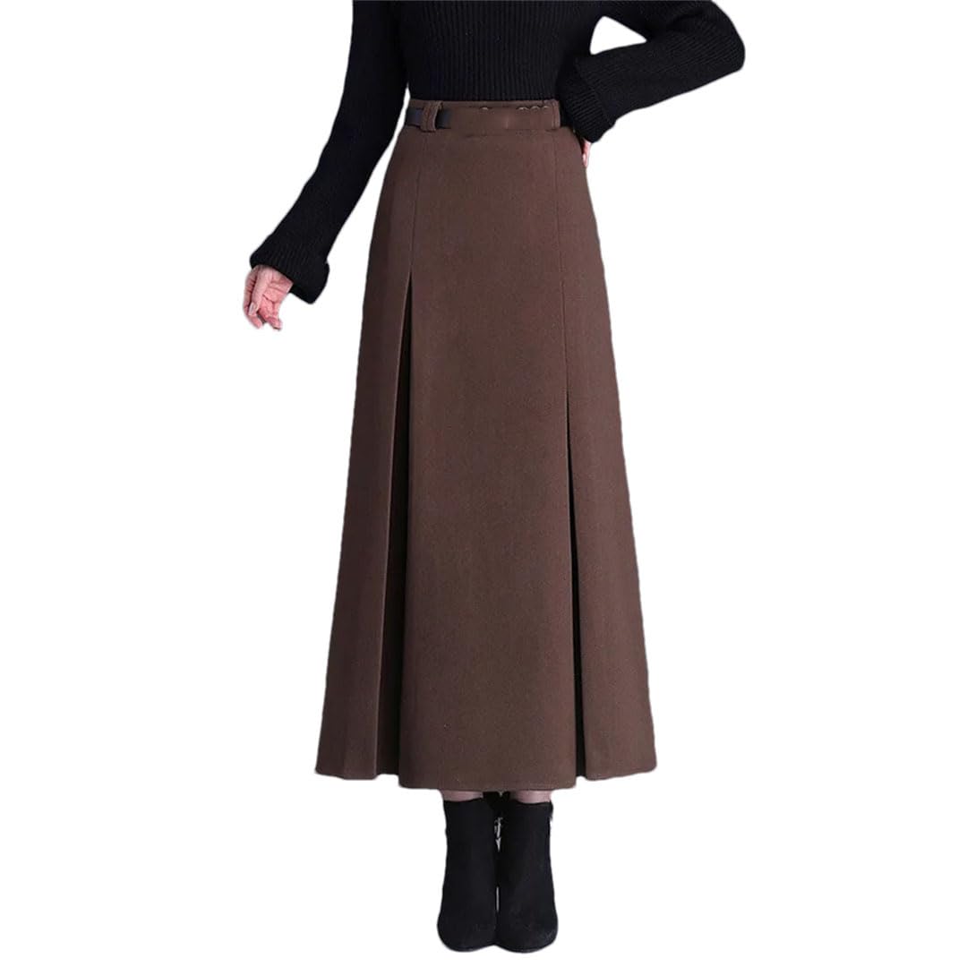 Tdvcpmkk Women's Slit Pleated A-Line Skirt Ankle-Length High-Waist Office A-Line Skirt Winter Brown XL