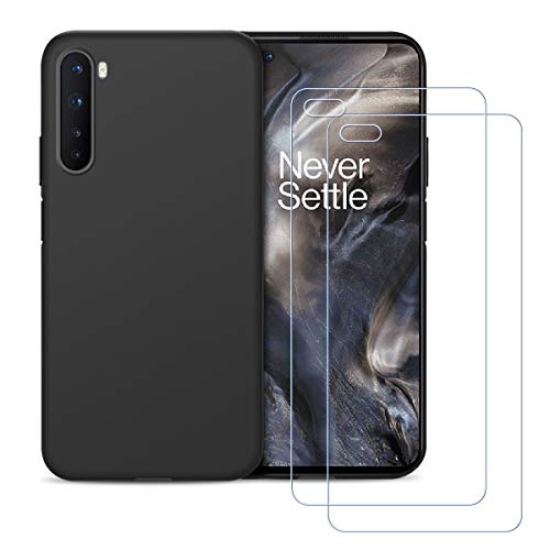 Funda para OnePlus NORD 5G + 2X Vidrio Templado, Silicona Suave TPU Gel Carcasa para OnePlus NORD 5G Ultra Delgado Flexible Anti-Rasguño Anti-Golpes Ligera Protectora Case Color Puro Bumper - Negro