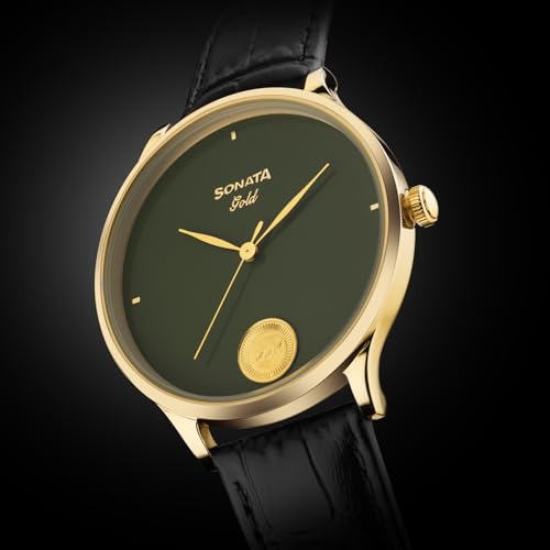 Image of Sonata Gold with Quartz Analog Sacred Forest Green Dial with 0.15 Gm 22 Karat Tanishq Gold Coin On Dial Black Leather Strap Watch for Men - 7153YL04
