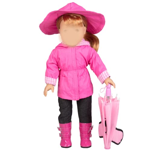 Rainy Day Doll Outfit For 18" Dolls (6 Piece Set)- Premium Handmade Costume Clothes Includes Raincoat, Umbrella, Boots, Hat, & Shirt #TOP6