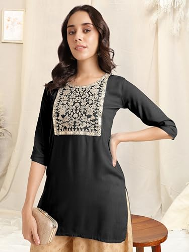 Image of MIRCHI FASHION Women's Straight Fit Rayon Sequins Embroidered and Polka Dots Printed Kurti Only