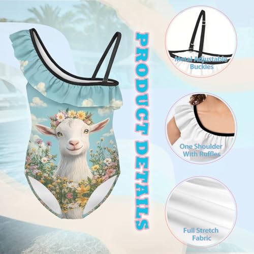 Image of Xpyiqun Swimsuits for Girls 3-14 1-Shoulder Ruffle Bathing Suit One Piece Adjustable Halter Swimming Wear