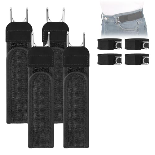 TRIWORKS 4 PCS No Buckle Belts for Men & Women Adjustable Tactical Metal Hook Elastic Buckleless Belt Magic Tape Work Belt for Work Business Travel Jeans Black Fit 2 loop distance 7-10