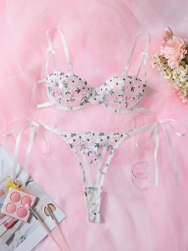 Image of Lilosy Sexy Tie Side Cute Underwire Push Up Strappy Embroidered Mesh Sheer Lingerie Set