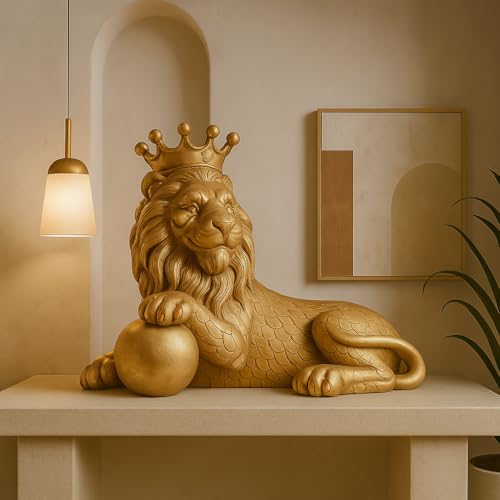 Image of Xtore Regal Gold Lion Figurine with Crown | Royal Decorative Statue | Handcrafted Resin Art | Luxury Home Accent -(Pack of 1, Golden)
