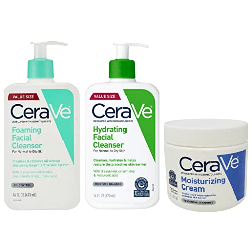 CeraVe Skin Care Bundle - Contains Hydrating Facial Cleanser (16 oz), Foaming Facial Cleanser (16 oz), and Moisturizing Cream (16 oz) - CeraVe Value Size Bundle