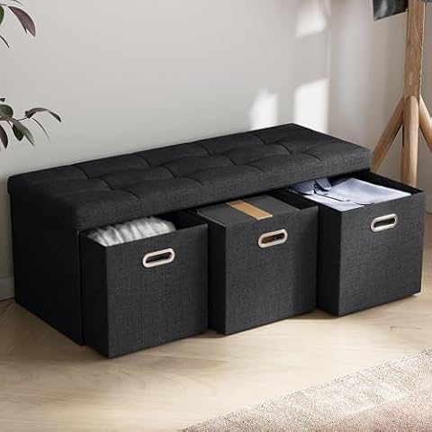 Ornavo Home Foldable Tufted Linen Large Long Bench Storage Ottoman Foot Rest Stool Seat with 3 Drawer Cubes - 15" x 40" x 15", Black Cover