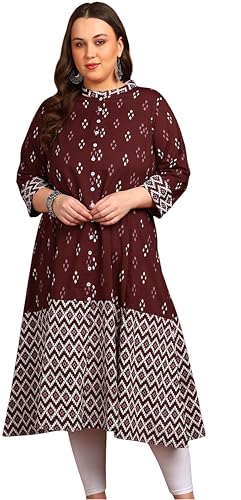 Image of Yash Gallery Women's Cotton Relaxed Fit A Line Rayon & Cambric Zig-Zag Printed A-Line Kurta