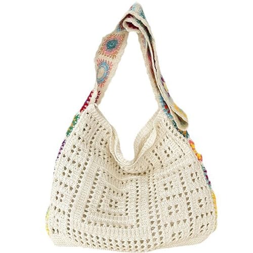 Bolsa de crochê preta feita à mão em malha floral retrô boho bolsa feminina primavera verão praia viagem presente, Branco