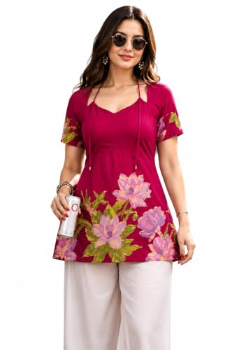 Image of Women's Floral Pure Cotton V-Neck Short Kurti (Has Lining) | Lightweight Short Sleeve Tunic | Breathable Stylish Casual & Office Wear Top