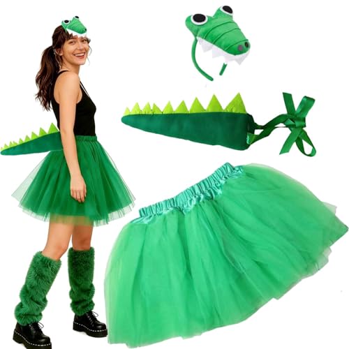 Crocodile Costume for Women Teens Cute Alligator Headband Long Tail & Tutu for Halloween Party Accessories