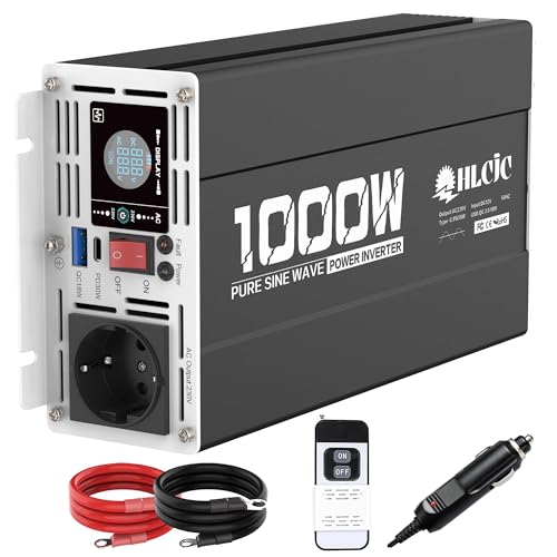 HLCJC Inversor 1000W/2000W Convertidor de Corriente Onda Sinusoidal Pura de 12V a 230V, Pantalla LCD para Autocaravana Camión Vehículos