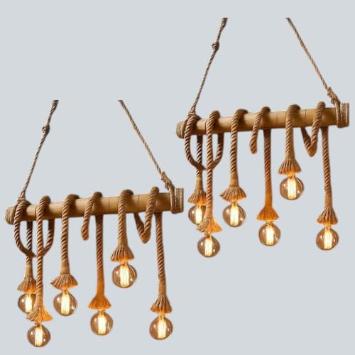 Image of GreyWings Rustic Jute Rope Hanging Light with Wooden Beam 6 Light Pendant Ceiling Lamp Farmhouse Hanging Light for (Bulb not Included), Pack of 2