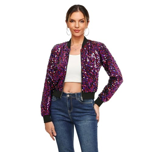 Women's Sequin Jacket Sparkly Cropped Bomber Long Sleeve Zipper Up Casual Party Blazer With Pockets