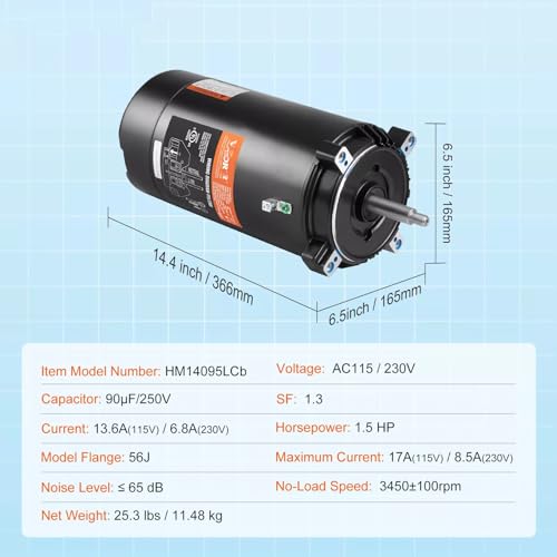 1.5HP Pool Pump Motor 115/230V 13.6/6.8A 56J 3450RPM 90?F/250V Capacitor, Replacement for VEVOR OEM