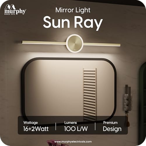 Image of Murphy 16W+2W LED Mirror Light | 3 Color Changing (White /Warm /Natural) | Full Brass Finish - Sun Model, Modern Over Mirror Vanity Light | Pack of 1 | 2-Year Warranty