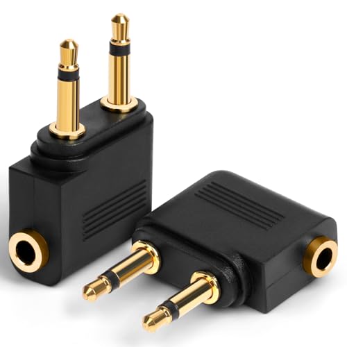 AXFEE Adaptateurs pour Casque d’Avion Plaqué Or, [Lot de 2] 3,5 mm Femelle AUX Audio Jack Or Plaqué Billets Avion Casque Adaptateurs, Double Jack...