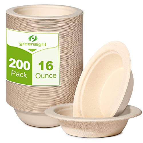 Greensight 16oz Paper Bowls - 200 Pack Disposable Heavy Duty Compostable & Biodegradable Microwavable for Hot Soup Salad Ice Cream