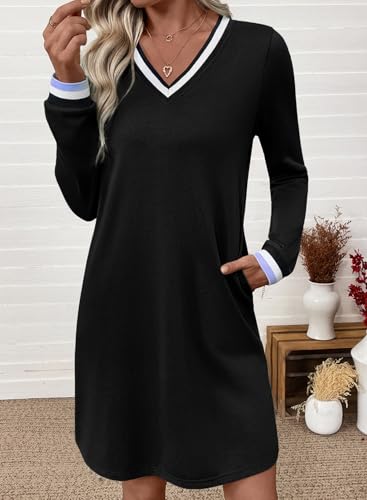 EVALESS Womens Dresses 2025 Fall V Neck Long Sleeve Casual Tshirt Dress Spring Contrast Striped Sweatshirt Dress2