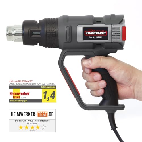 Dino KRAFTPAKET PROFI Heißluftpistole 2000W (60 Temperaturstufen: 50-650°C, programmierbar, Kühlstufe, Luft: 250-500L/min) Heißluftgebläse mit Keramik Heizelement, Display, Memory, Koffer+Zubehör
