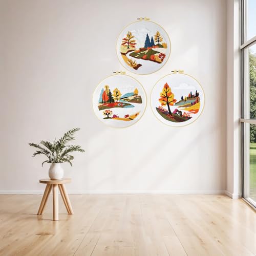Image of Xinpinzhou 3 Pcs Streamside Landscape Embroidery Kit for Beginners Adults | Beginning Easy Stamped Funny Hand Embroidery Patterns Starter Kits Set Bordado with Cloth, Thread, Needle, Hoop, Scissors