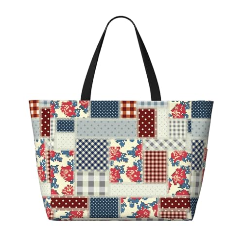 Patchwork In Country Style Print Large Beach Tote Bag for Women Extra Large Capacity Sandproof Waterproof Pool Bag Suitable for Swimming Pool Gym Groceries Travel2