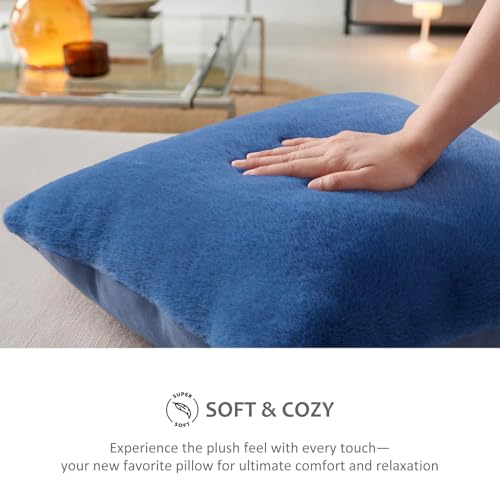 Pallene Faux Fur Plush Throw Pillow Covers 20x20 Set of 2, Soft Fluffy Couch Pillow Covers for Living Room, Navy Blue