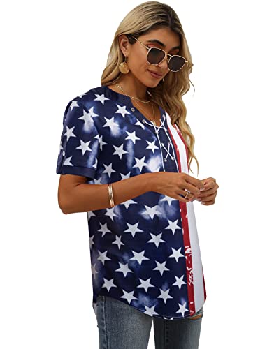American Flag Shirt Tops Women 4Th Of July T-Shirts Ring Hole Star Stripes Usa Short Sleeve V-Neck Patriotic Tees #TOP1