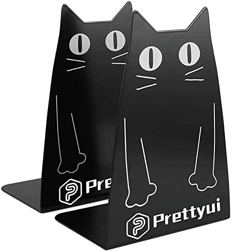 Prettyui Buchstütze aus Metall, Katzenmotiv, Buchstützen-Set Katzen , 2er-Set Buchständer aus Metall , Zwei schwarze Metall-Buchstützen im Set mit wunderschön ausgestanzten Katzen-Motiven Cover