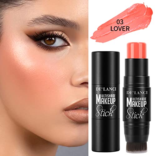 Matte Cream Blush Stick With Brush,De’lanci 3 In 1 Multi Stick Blush Makeup For Cheeks/Lip/Eye,Hydrating Formula Waterproof Blush For Women/Girl Makeup,Easy To Use On The Go,Cruelty-Free,Vegan #3 #TOP1