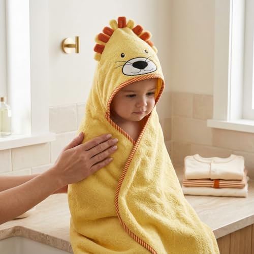 Image of EVERYDAY KIDS Hooded Baby Toddler Bath Towel for Boys and Girls - 3D Yellow Lion with Mane; Soft and Absorbent Terry Cloth Hooded Towel for Young Kids; Gender Neutral Baby Bath Essential