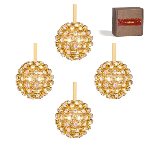 XMIAOX Iridescent Crystal Rhinestone Ball Ornaments, 4 Pack Handcrafted Sparkling Christmas Baubles, Hanging Decorations for Holiday Home Décor in Luxury Gift Box (Aurora Gold, 4.8 cm)