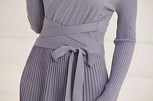 Image of RanRui Womens Winter Fall Pleated Knitted Fit and Flare Long Sleeve Sweater Dress