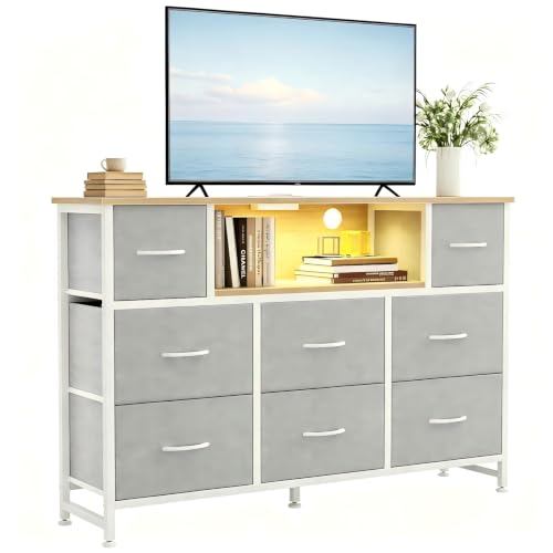 Image of DUMOS TV Stand with Charging Station, LED Entertainment Center