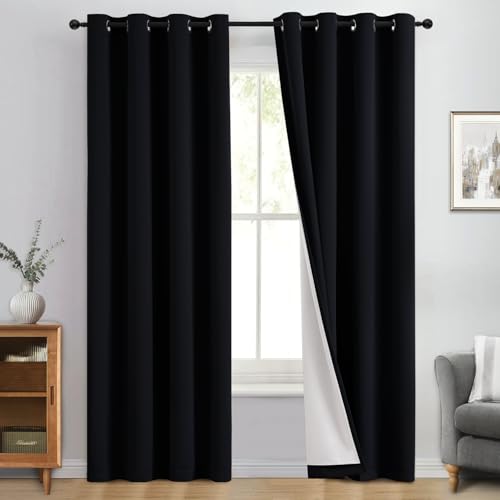 Image of Yakamok Black 100% Blackout Curtains 96 Inches Long for Bedroom 50 inch Wide | Blackout Curtain Panels for Bedroom, 2 Thick Layers Grommet Top Thermal Insulated Drapes with White Back for Living Room