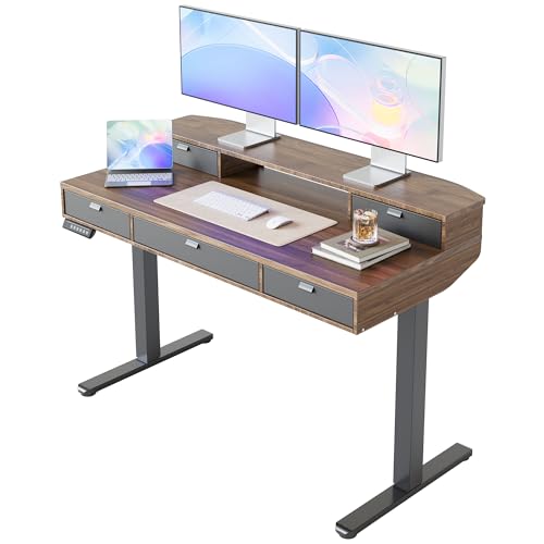 Image of HUANUO 48 x 24 Inch Electric Standing Desk with 4 Drawers, Walnut
