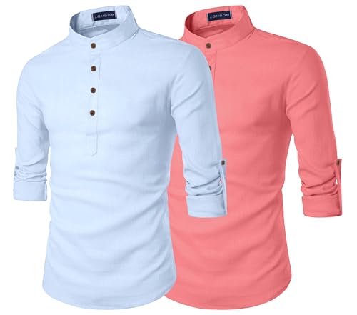 Image of Zombom Men's Combo Cotton Polyester Blend Solid Full Sleeve Straight Regular Fit Mandarin /Chinese Collor Kurta (Pack of 2)