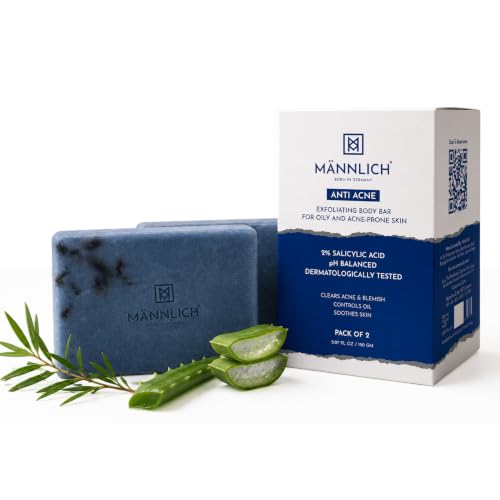 Image of Mannlich Anti-Acne Soap | Controls Excess Sebum | Handmade Body & Face Soap for Acne-Prone and Oily Skin | 2% Salicylic Acid, 2% Niacinamide & 2% Tea Tree Oil | Brightens Skin, Fades Dark Spots | Prevents Body Acne | pH Balanced, SLS Free, Dermatologically Tested | 75 g (Pack of 2)
