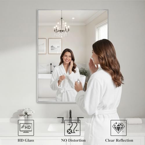Image of Koonmi Silver Rectangle Wall Mirror, 30x40 Inch Bathroom Mirror, Aluminum Frame Vanity Mirror for Entryway, Living Room, Bedroom Bathroom, Hangs Horizontally or Vertically