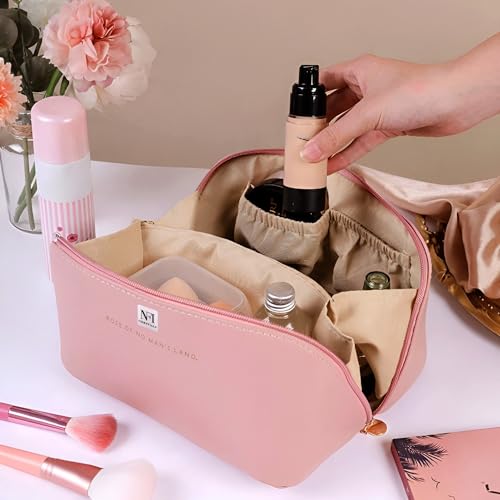 Image of NFI essentials Cosmetic Travel Organizer Bag, Women's Makeup Pouch Toiletry Bag Portable Leather Wide Opening Cosmetics Bag with Handle and Divider