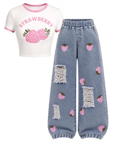 Image of Azmxynol Tween Girl Clothes Short Sleeve Top + Butterfly Design Jeans 2 Pieces Spring Summer Outfit Set, Size 6-16 Years