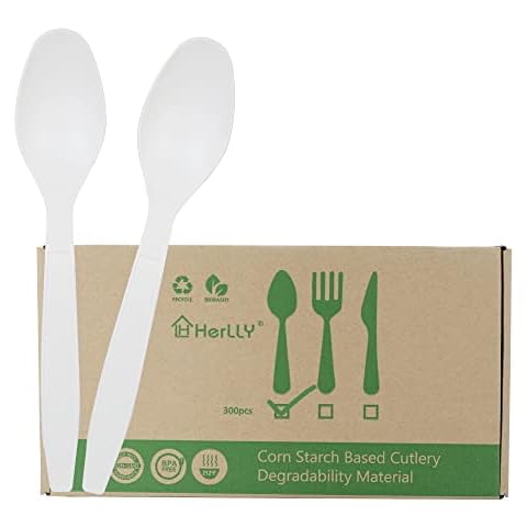 HERLLY Compostable Spoons,300 Disposable Spoons for Party,Large Biodegradable Spoons Eco Friendly Durable and Heat Resistant,Alternative to Plastic Spoons Cover