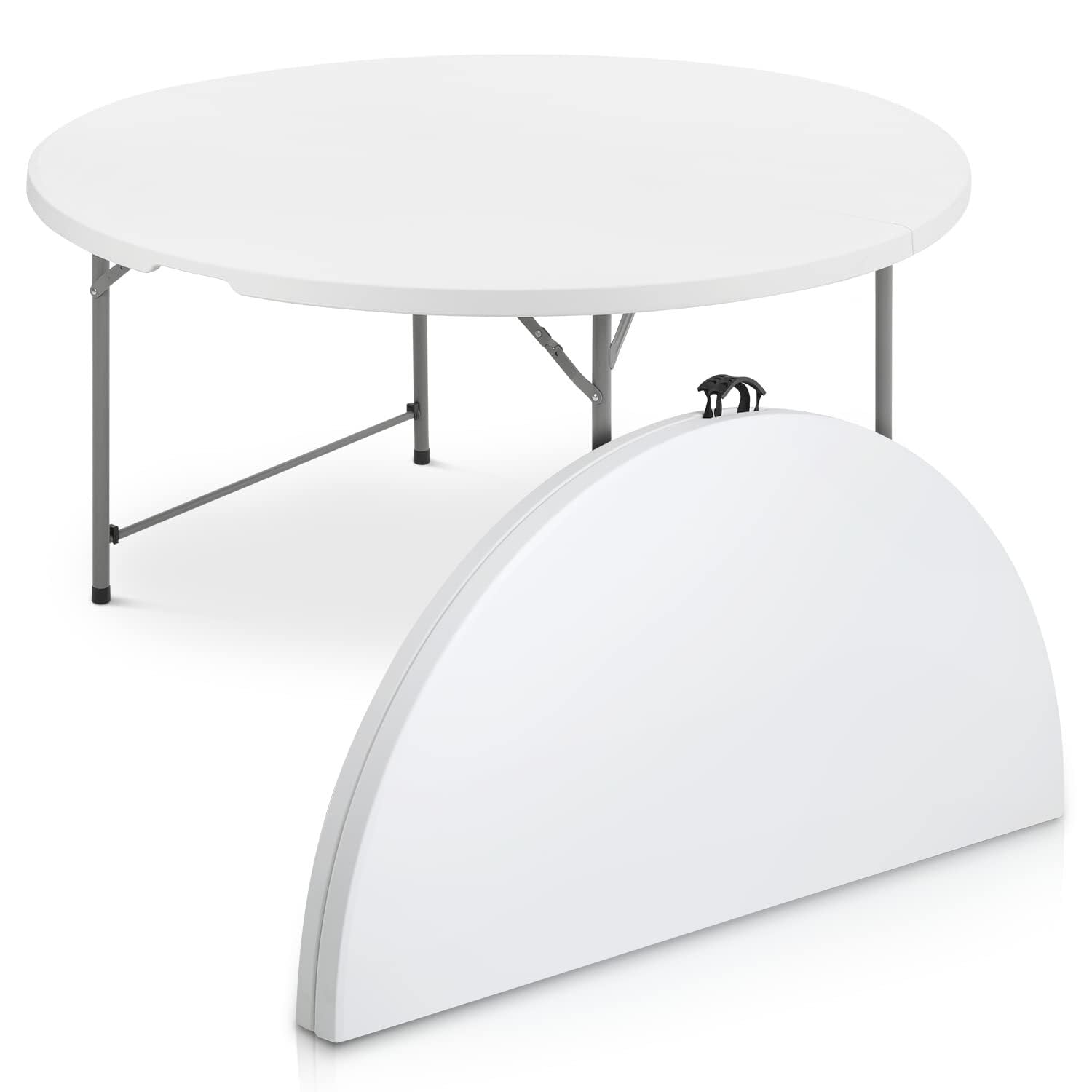 Brigros MBI - Tavolo Pieghevole da Giardino Rotondo 180x74 cm Bianco, Perfetto come Tavolo da Campeggio, da Buffet, da Cucina, Tavolino Salvaspazio a Valigetta con Maniglia