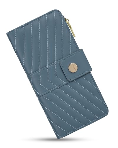 Image of Blue Women's Trifold Wallet,Large Capacity RFID Long Wallet | 16 Card Slots,2 ID Windows,4 Bill Compartments,Vegan Leather,Double Zipper Pockets,Large Capacity Organizer