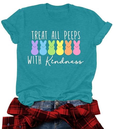 Image of LAZYCHILD Women Easter Teacher Shirts: Funny Treat All with Kindness T-Shirt Bunny Rabbit Tee Tops