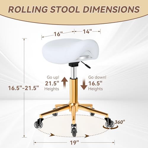 Image of Saddle Stool with Wheels Ergonomic - Thick Wide Saddle Cushion, Healthy Posture No Pain, Easy to Adjust, Smooth Rolling No Creaky Noises, Rolling Swivel Saddle Stool Chair for Salon Massage (White)