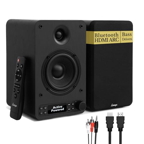 LEMEGA Core X1 - Altifalantes de prateleira, par ativo de 40 W com transmissão Bluetooth, altifalantes HDMI ARC para TV, entradas ópticas/USB/AUX/RCA, ecrã LED completo, controlo de graves e agudos