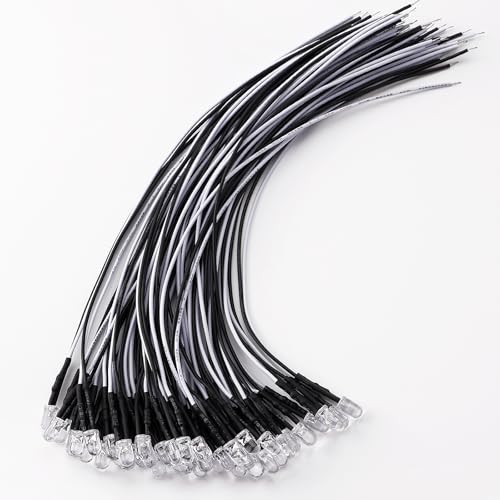 YIXISI 40 Piezas 5mm LED Diodos Emisores de Luz Lámpara, 12V 20cm Luces LED de Diodo Pre Cableado, Luces de Diodo Precableadas, Blanco